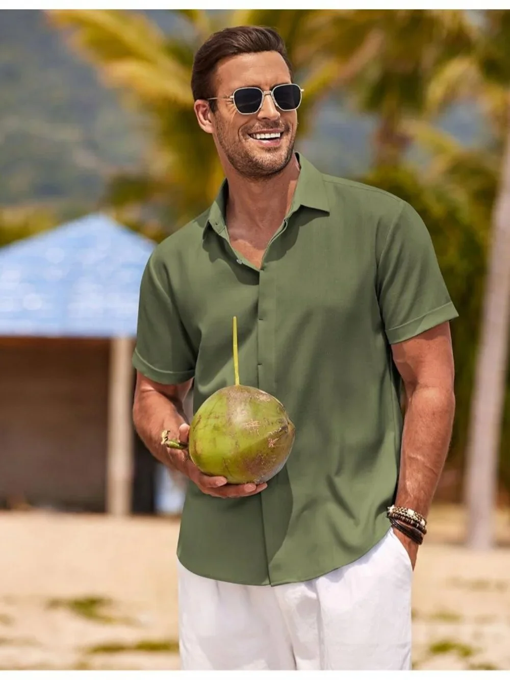 Men's Olive Green Beach Linen Short Sleeve Casual Shirts Imported Button Down